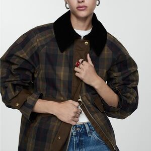 Mango Waxed with Plaid Jacket with Black Collar